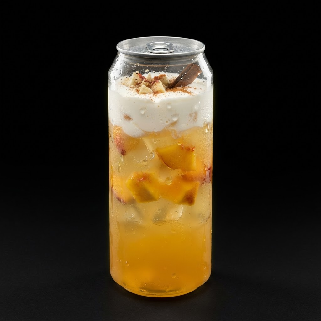 Peach Cobbler — Lemonade with peach, brown sugar cinnamon & vanilla, freeze-dried white peaches and a ground cinnamon topper.